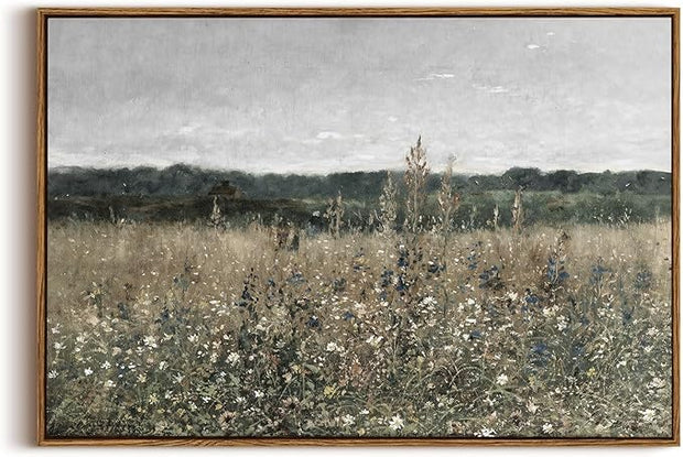 OIQArtOIQ Vintage Framed Wall Art Wildflower Field Meadow Canvas Art Prints Rustic Farmhouse Landscape Pictures Wall Decor Modern Cottagecore Paintings Artwork For Bedroom Bathroom Office Living Room
