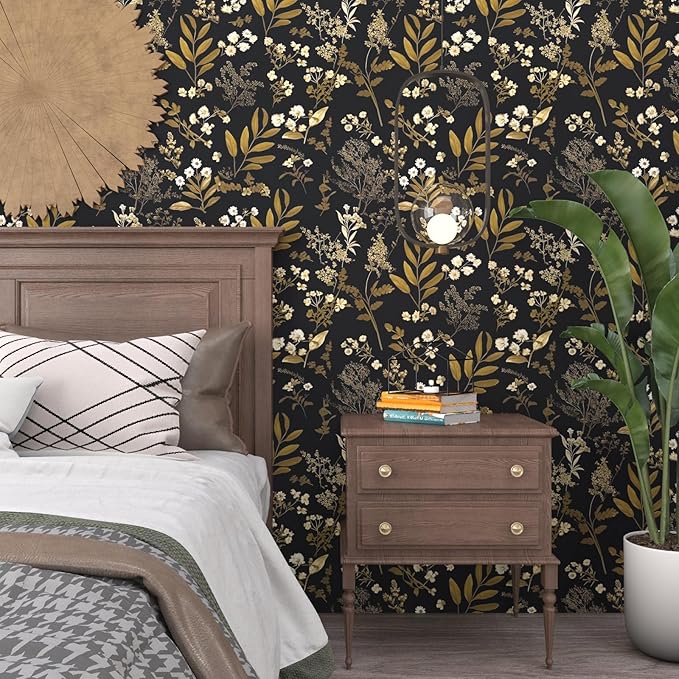 Leaf Wallpaper Peel and Stick Dark Floral Wallpaper 17.5in x 197in Vintage Leaf Contact Paper Vinyl Waterproof Self Adhesive Boho Botanical Wall Paper for Bedroom Cabinet Décor
