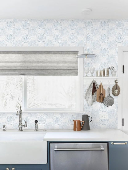 Boho Wallpaper Blue Wall Paper Peel and Stick Modern Blue and White Geometric Fireworks Contact Paper Renter Friendly Self-Adhesive Removable Bathroom Bedroom Laundry Room 17.3" × 197"