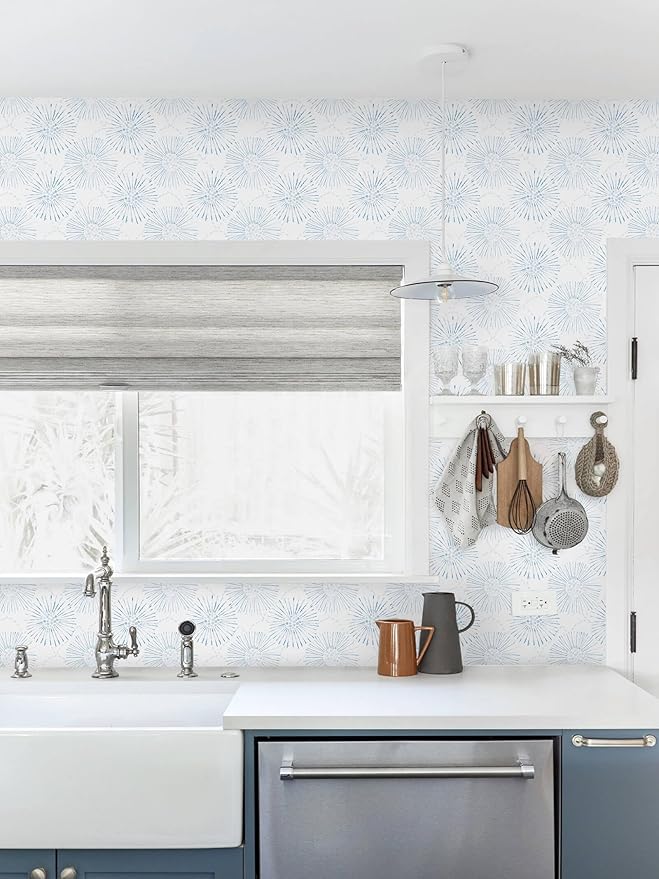 Boho Wallpaper Blue Wall Paper Peel and Stick Modern Blue and White Geometric Fireworks Contact Paper Renter Friendly Self-Adhesive Removable Bathroom Bedroom Laundry Room 17.3