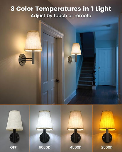 Rechargeable Battery Operated Wall Sconce Set of 2, Wireless LED Wall Lights with Remote & Touch Control, Wall Mounted Lamp Lighting Fixtures for Bedroom Living Room, Matte Black