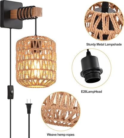 Rustic Wall Sconces Fixtures with Plug in Cord, Set of Two Indoor Vintage Rattan Wall Light Industrial Lamp Fixture Farmhouse Metal Sconces Light for Bedroom Bedside Living Room