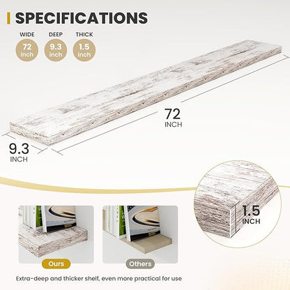 72 Inch Floating Shelves, 9.3" Deep Floating Shelf Wall Mounted, 72" Wall Shelves, Rustic Deep Bookshelf, Large Display Shelves & Storage Shelves for Bedroom, Living Room, Rustic, Set of 1