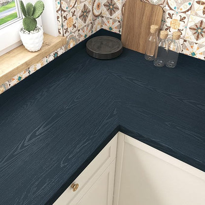 Wallercity Navy Blue Wood Grain Countertop Contact Paper Waterproof 15.8"x236" Kitchen Wallpaper Wood Contact Paper Peel and Stick Counter Top Wrap Faux Wooden Wallpaper for Bedroom Cabinet Vinyl