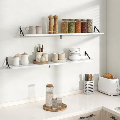 Floating Shelves, 8 Inch Deep Rustic Wood Wall Storage, 48W x 8D Wall Shelves Set of 2, Heavy Duty Metal Brackets, Industrial Book Shelf for Living Room, Kitchen, Bathroom, Bedroom, White