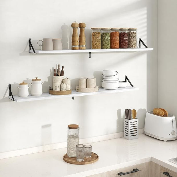 Floating Shelves, 8 Inch Deep Rustic Wood Wall Storage, 48W x 8D Wall Shelves Set of 2, Heavy Duty Metal Brackets, Industrial Book Shelf for Living Room, Kitchen, Bathroom, Bedroom, White