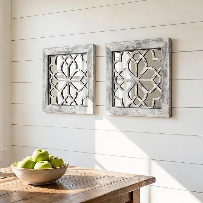 Boho Wall Mirror Decor, Set of 2 Rustic Farmhouse Accent Mirror 12x12 Inch, Square Shatterproof Vintage Style Mirrors for Wall, Small Decorative Mirrors for Living Room, Bedroom(Grey)