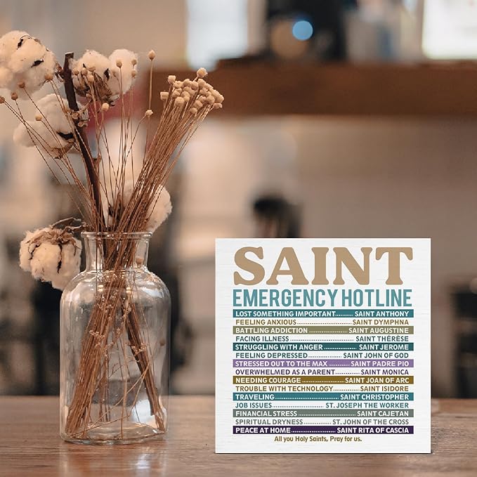 Christian Gifts for Women Men, Catholic Decor, Saint Emergency Wood Block Sign for Home Office Desk Decoration 5 x 5 Inches