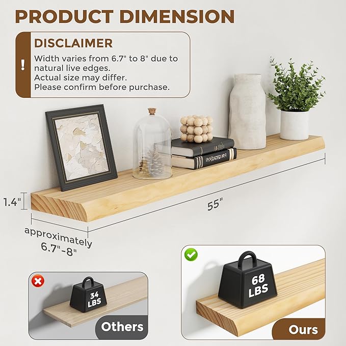 RICHFOCUS Floating Shelves for Wall 55 Inch Solid USA-Sourced Oak Wooden Shelves for Bathroom Kitchen 9" Deep Modern Wood Shelf with Heavy-Duty Bracket for Wall Mounted, Natural Finish