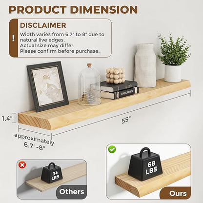 RICHFOCUS Floating Shelves for Wall 55 Inch Solid USA-Sourced Oak Wooden Shelves for Bathroom Kitchen 9" Deep Modern Wood Shelf with Heavy-Duty Bracket for Wall Mounted, Natural Finish