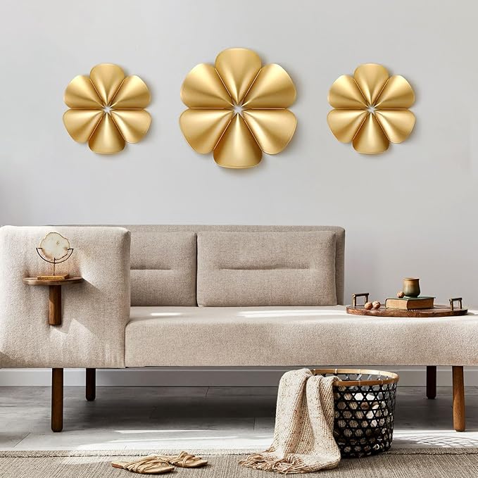 Fourluoo 3 Pack Gold Sunburst Mirrors for Wall Decor Circle Flowers Mirrors Decorative Gold Hanging Wall Art Flowers Mirror for Home Living Dinning Room Bedroom Bathroom Boho Decoration(Floral)