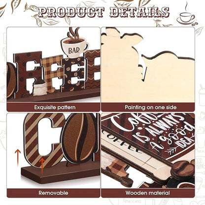 Blosssound 6 Pcs Coffee Bar Decor Sign Coffee Bar Accessories Farmhouse Gnomes Rustic Table Centerpiece Wood Tiered Tray Decor Table Signs for Home Kitchen Ornament
