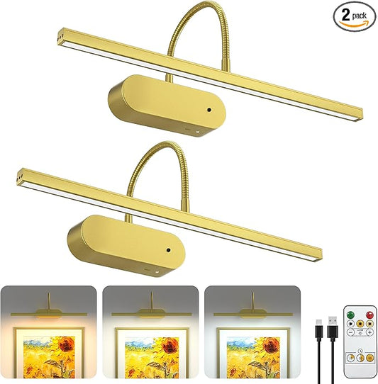 Picture Lights for Wall Battery Operated, Wireless Art Lights for Painting Remote Control, Flexible Gooseneck, 3 Colors & Dimmable Wall Light for Picture, Artwork, Portrait with Timer (Gold, 2 Pack)