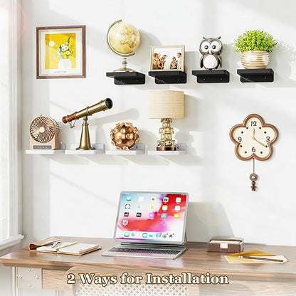 SRIWATANA Small Floating Shelves Wall Mounted, Wood Shelf for Decoration and Storage Set of 4, Mini Display Shelf for Bedroom, Bathroom, Kitchen, Office (Black, 5 inch)