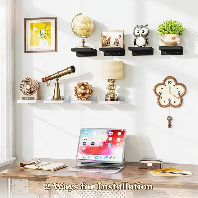 SRIWATANA Small Floating Shelves Wall Mounted, Wood Shelf for Decoration and Storage Set of 4, Mini Display Shelf for Bedroom, Bathroom, Kitchen, Office (Black, 5 inch)