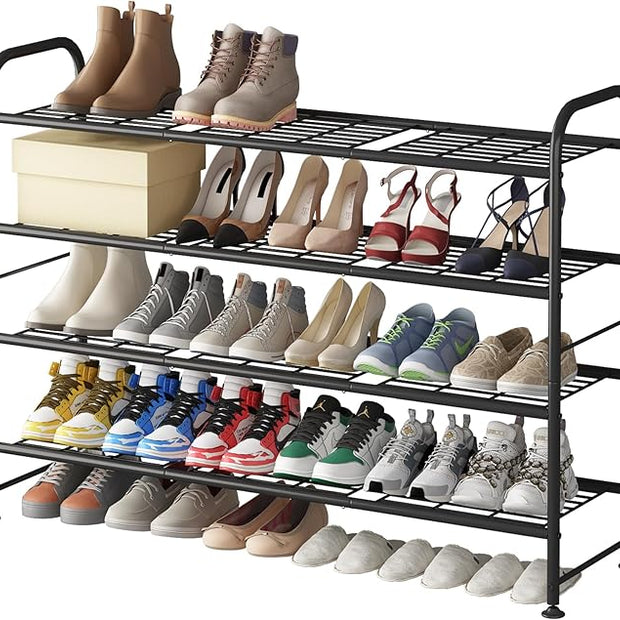 LINZINAR Shoe Rack Long 4 Tier Shoe Storage Organizer Metal Wide Shoe Shelf for Closet Entryway Bedroom 24 Paris Large Capacity, Gold Black