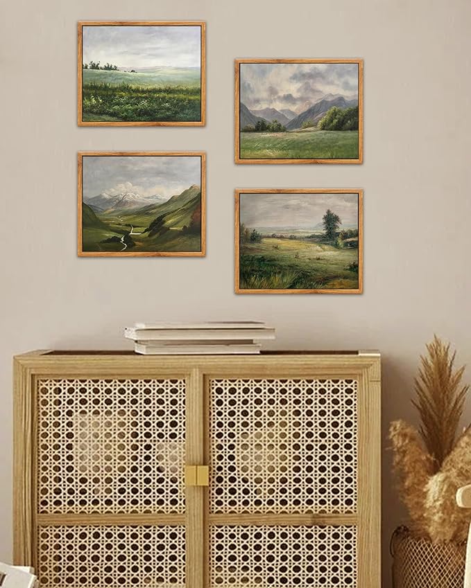 SHENIFY Landscape Vintage Framed Canvas Wall Art Classical Mountain Range Valley Prints Farmhouse Kitchen Office Decor - 8x10in Natural Framed