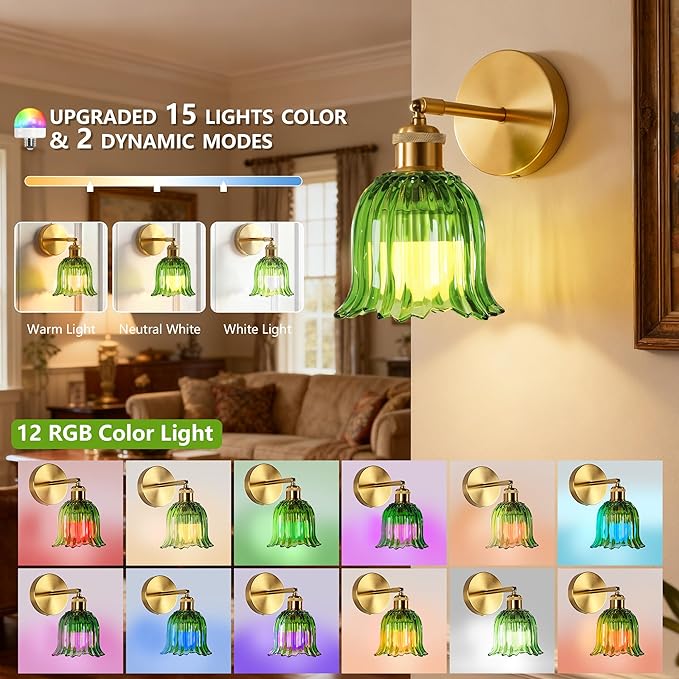Vintage Battery Operated Wall Sconce with Green Stripe Glass Lampshade Rechargeable Battery Powered Wall Light with Remote Control for Bedside Bedroom Bathroom, Set of 1