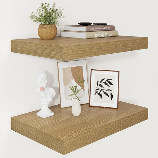 Vivelove 12 Inch Deep Floating Shelves 16 inch Long, 2 Inch Thick Wall Shelves with Invisible Brackets, Shelf for Bedroom Bathroom Living Room Kitchen Office Home Decor, Modern Shelf Set of 2, Oak