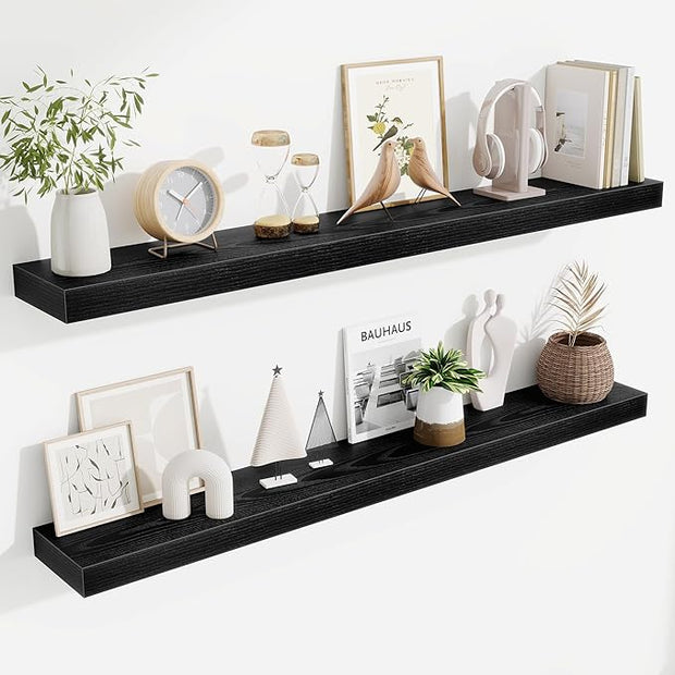Fun Memories Floating Shelves 48 Inch, Extra Large Wood Shelf Set of 2, Hanging Wall Shelves for Bathroom, Living Room, Kitchen, Bedroom, Black