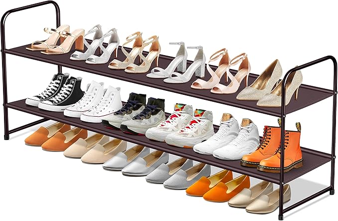 SLEEPING LAMB 2-Tier Shoe Rack for Closet, Long Stackable Wide Shoe Organizer Holds 18-Pairs Low Shoe Shelf Storage for Bedroom, Floor, Entryway (Bronze)