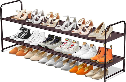 SLEEPING LAMB 2-Tier Shoe Rack for Closet, Long Stackable Wide Shoe Organizer Holds 18-Pairs Low Shoe Shelf Storage for Bedroom, Floor, Entryway (Bronze)