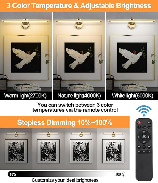 Picture Light for Wall, Dimmable Battery Operated Art Light, Picture Frame Light with Remote & Timer, Cordless Wall Sconce with 3 Colors Temperature for Pantings, Photo Gallery(Brass, 23.6inch)