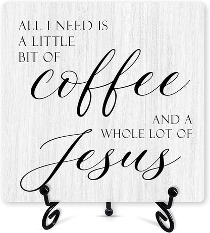 Christian Coffee Sign Desk Decor, Jesus Sign With Iron Stand, Religious Wood Plaque For Farmhouse Home Kitchen Coffee Station Cafe, Bible Verse Desk Shelf Decor -54
