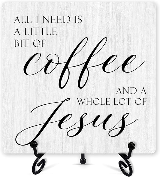 Christian Coffee Sign Desk Decor, Jesus Sign With Iron Stand, Religious Wood Plaque For Farmhouse Home Kitchen Coffee Station Cafe, Bible Verse Desk Shelf Decor -54