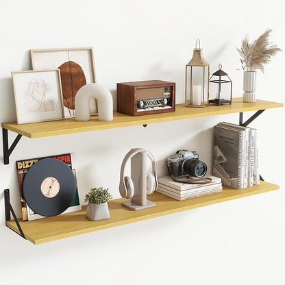 Floating Shelves for Wall,48" Wx8 D Wood Wall Shelves,Hanging Storage Floating Shelf with Metal Brackets,Wide Floating Bookshelf for Living Room,Office,Bedroom,Bathroom,Set of 2,Oak