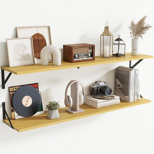 Floating Shelves for Wall,48" Wx8 D Wood Wall Shelves,Hanging Storage Floating Shelf with Metal Brackets,Wide Floating Bookshelf for Living Room,Office,Bedroom,Bathroom,Set of 2,Oak