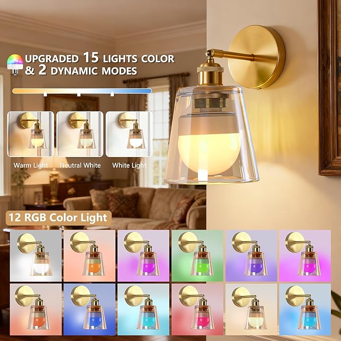 Vintage Battery Operated Wall Sconce with Amber Minimalist Glass Lampshade Rechargeable Battery Powered Wall Light with Remote Control for Bedside Bedroom Bathroom, Set of 1