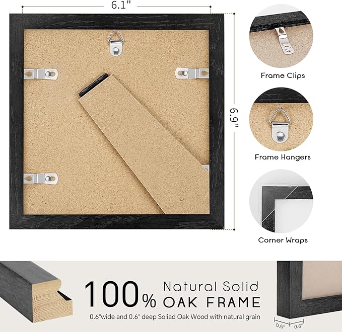 puthiac 6x6 Solid Oak Wood Picture Frame, Fits 4x4 with Mat or 6x6 Without Mat, Wall or Tabletop Display with Stand, Plexi Front, 1 Pack, Black
