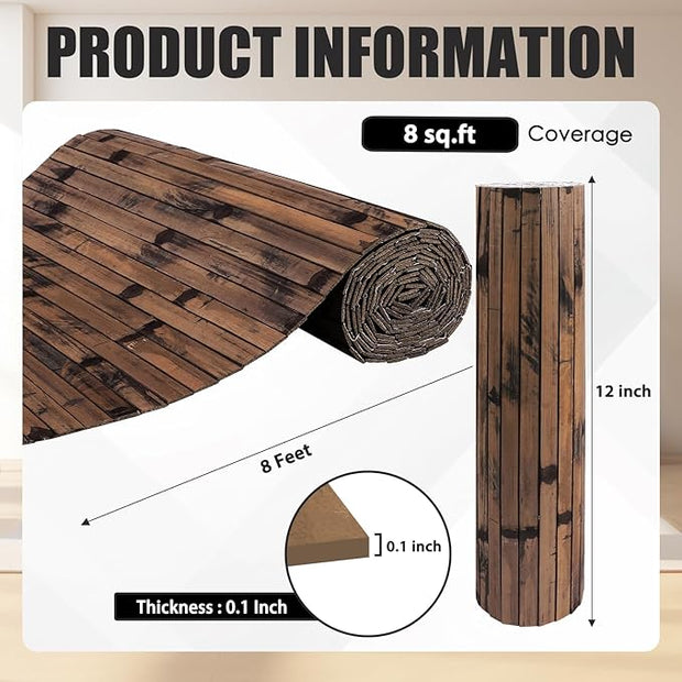 FONUNO Bamboo Wall Panel for Interior Decoration Bamboo Pole Wrap Roll Natural Wainscoting Paneling Decorative Wall Slat Covering for Living Room, Bedroom, Office (12 Inch x 96 Inch, Dark Burned)