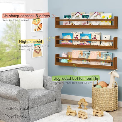 Dark Wood Wall Bookshelf for Kids Bedroom, 36 Inch Floating Nursery Bookshelf for Baby Girl Boy Room, Wooden Hanging Toddler Book Shelves for Wall (36 inch, Walnut Brown, 3-Pack)