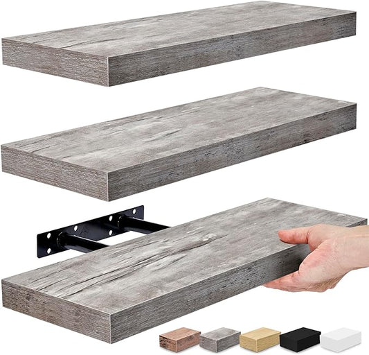 Sorbus Floating Shelves for Wall – 16 Inch Floating Shelf for Kitchen, Bedroom, Living Room, Bathroom, Home & Wall Decor - Mounted Bathroom Shelves with Invisible Brackets (Grey, 3 Pack)
