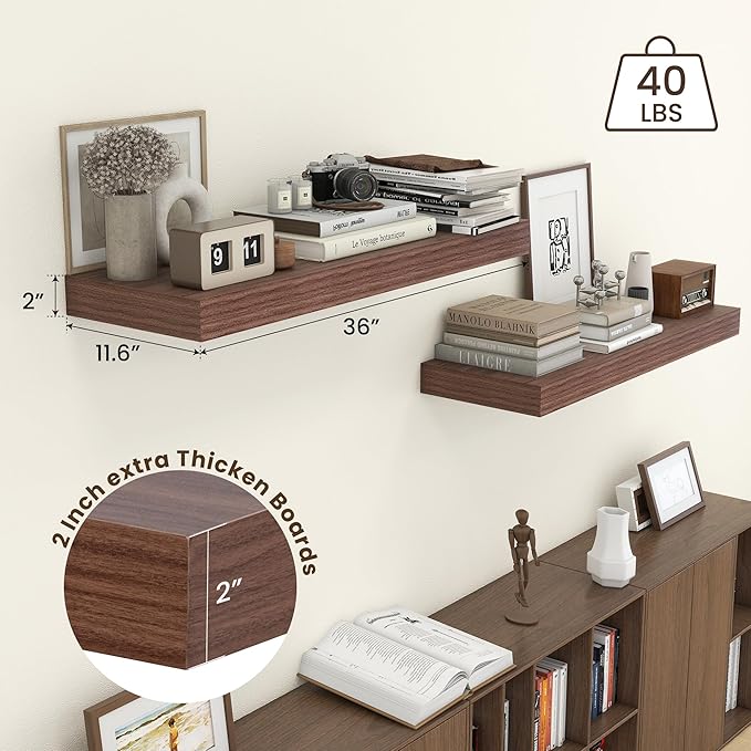 Deep Floating Shelves | 36 Inch Walnut Floating Shelves Set of 2 | 12 Inch Deep Rustic Wood Shelves for Wall | 36