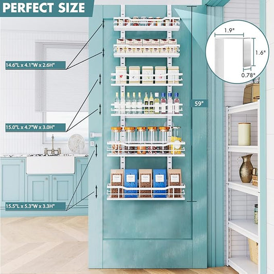 Over The Door Pantry Organizer，6-Tier Over The Door Organizer with Adjustable Basket，Metal Hanging Pantry Organizers and Storage for Kitchen, Back of Door Seasoning Rack (White)