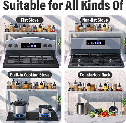Stove Top Shelf - Adjustable Oven Shelf for Top of Stove for 27-33inch, Kitchen Spice Organizer, Silver