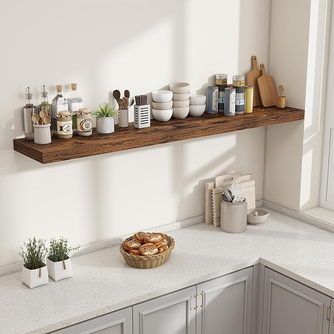 Fun Memories 72 Inch Fireplace Mantel Shelf, 12 Inch Deep Shelves for Display & Wall Storage, Rustic Wood Wall Shelf, Extra Long Floating Shelves for Living Room Laundry Room, Rustic Brown, Set of 1