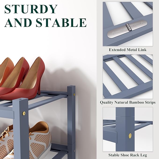Smiry Bamboo Shoe Rack for Closet, 3 Tier Long Wooden Stackable Shoe Organizer, Free Standing Shoes Storage Shelf for Entryway, Front Door Entrance, Grey