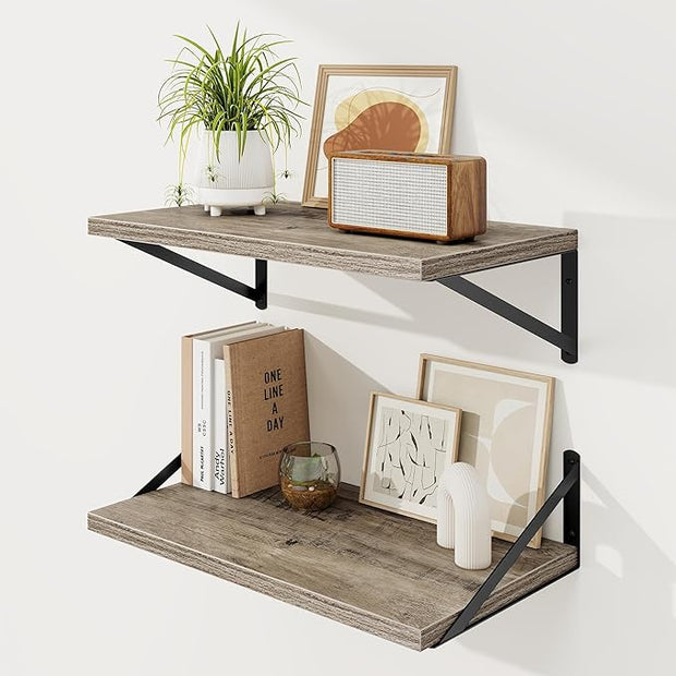 Floating Shelves, 12 Inch Deep Rustic Wood Wall Storage, 24W x 12D Wall Shelves Set of 2, Heavy Duty Metal Brackets, Large Industrial Book Shelf for Living Room, Kitchen, Bedroom, Grey