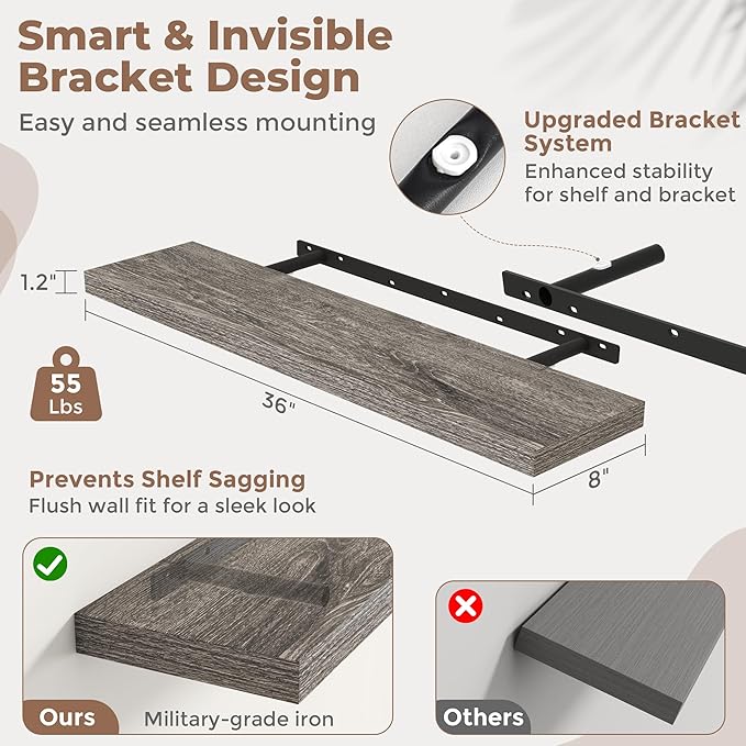 36 Inch Floating Shelves for Wall Set of 2, 8