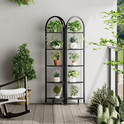 Homhedy 5-Tier Arched Corner Shelf Stand, Wall Corner Bookshelf with Metal Frame, Plant Stand, Industrial Storage Rack Shelf for Living Room, Bedroom, Office, Bathroom, Black
