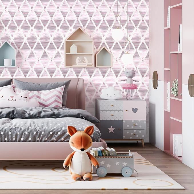 Modern White and Pink Peel and Stick Wallpaper Stripe Diamond Wallpaper Vinyl Waterproof Contact Paper Shelf Paper Drawer Liner Roll for Bedroom Living Room 17.7