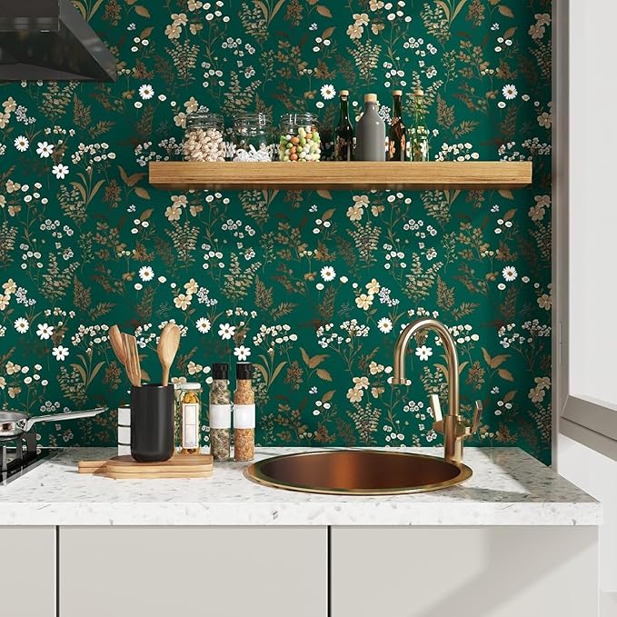 Dark Floral Wallpaper Peel and Stick 17.5in x 118in Vintage Green Gold Leaf Wallpaper Vinyl Waterproof Self-Adhesive Boho Botanical Wall Paper Mural for Cabinet Bookcase Bedroom Decor