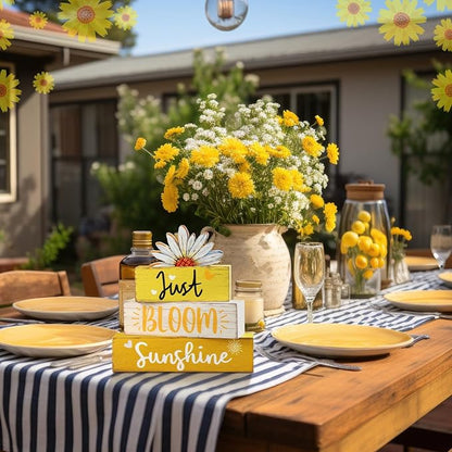 Amyhill Spring Table Decor Hello Sunshine Wooden Block Sign Farmhouse Just Bloom Spring Tiered Tray Decor Rustic Table Centerpieces Summer Decorations for Home Desk Shelf Mantle Office Decorations