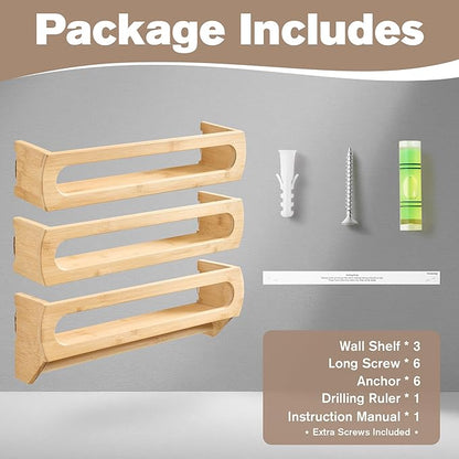 Nursery Book Shelves, Premium Bamboo Wood, Fully Assembled - Nursery Decor, Book Shelf for Kids Rooms, Multi-Use Floating Shelves for Wall with Hanger Bar, Set of 3 (Natural, 16.5 Inches)