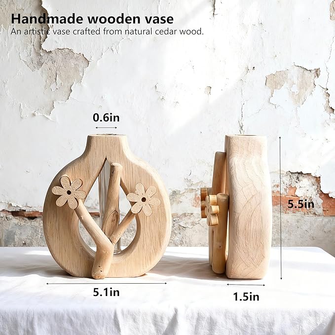 Artistic Wood Glass Vase,Wooden Base Cylindrical Flower Vase,Classic Boho Rustic Style for Fireplace Bedroom Kitchen Living Room Centerpieces Office Desk(Petite Vase)