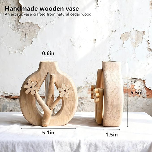 Artistic Wood Glass Vase,Wooden Base Cylindrical Flower Vase,Classic Boho Rustic Style for Fireplace Bedroom Kitchen Living Room Centerpieces Office Desk(Petite Vase)